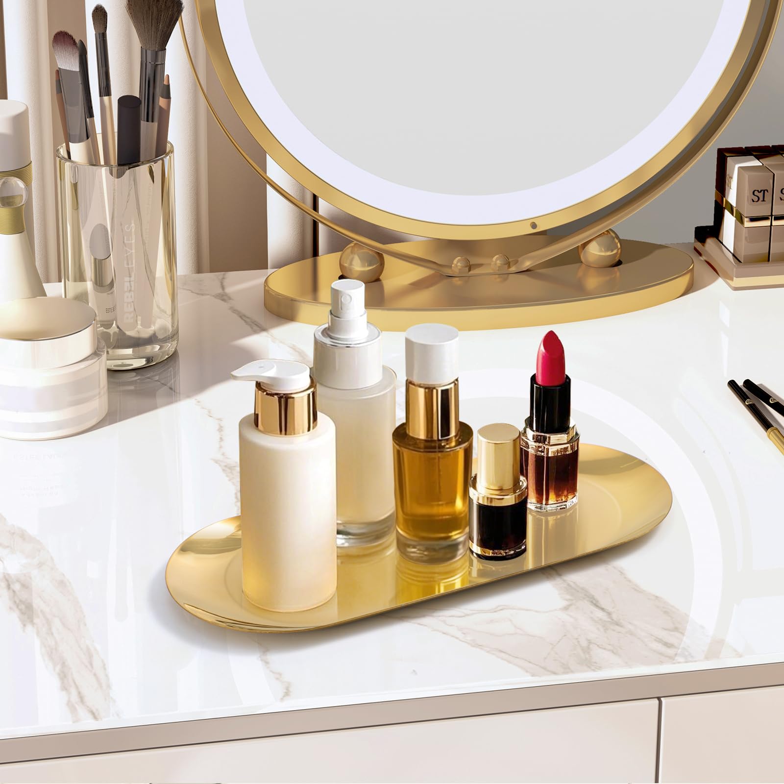 HASTHIP Vanity Trays Set for Bathroom and Jewelry with 2Pcs Golden Stainless Steel | Stylish Home Organizer