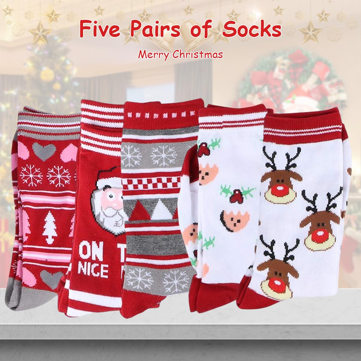 GUSTAVE® 5 pcs Christmas Socks for women, Winter Socks for Women Cute Cotton Knit Socks, Christmas Gifts