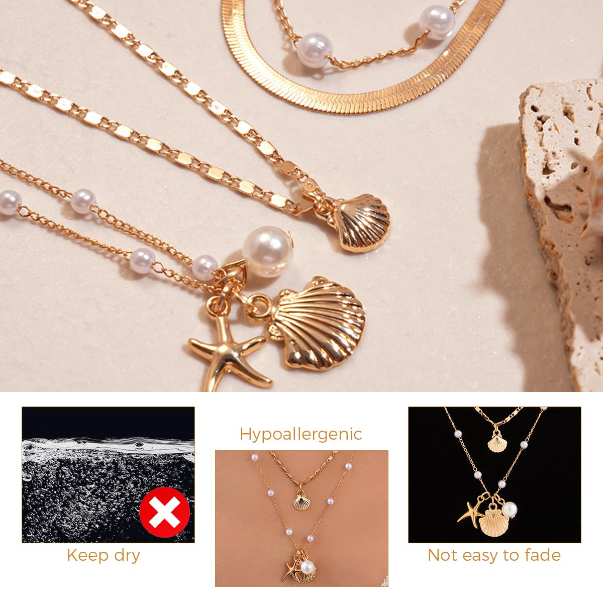 SANNIDHI Necklace Set for Women featuring 4 Layered Gold Chains with Seashell and Starfish Pendants | Beach Jewelry Gift