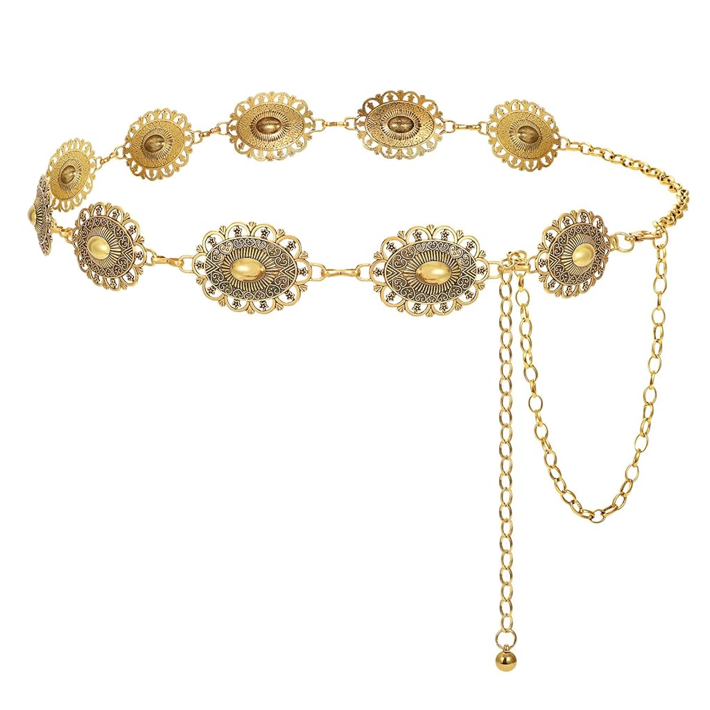 SANNIDHI Boho Waist Belt for Women Vintage Cutout Metal Concho Belt Saree Waist Belt Metal Concho Belt Western Fashion Conchos Adjustable Women Waist Belt