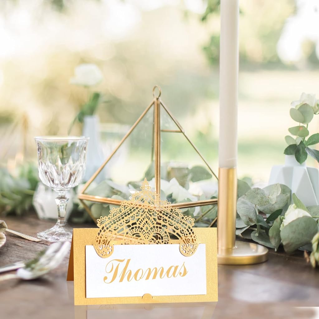 HASTHIP® Laser Cut Place Cards Tented Name Card Folded Cards Blank Cardstock for Wedding, Banquet Tables,Table Setting, Buffet, Baby Shower, Bridal Shower-Gold