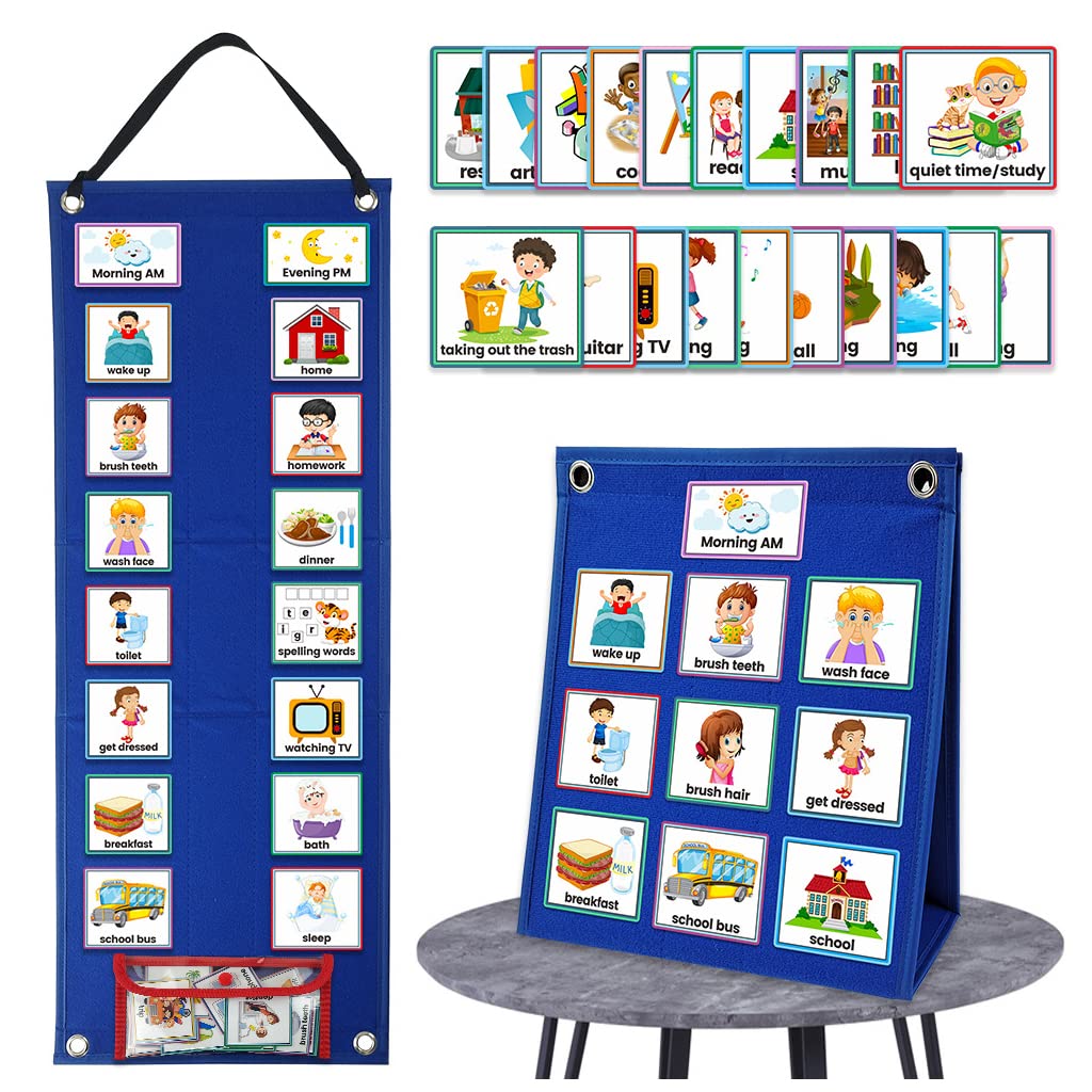 PATPAT® Flash Cards for Kids Visual Schedule for Kids with Autism Wall Hanging Schedule Board Desk Daily Routine Chart with 70 Cards Montessori Toys for 3+ Year Old Kids Wall Planner for Home School