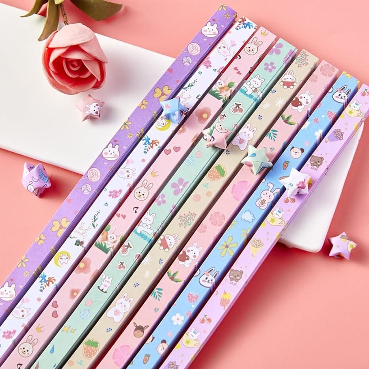 HASTHIP Origami Art Papers for Lucky Star Making with 2160 pcs 4 Kawaii Designs | 8.66 in Sheets