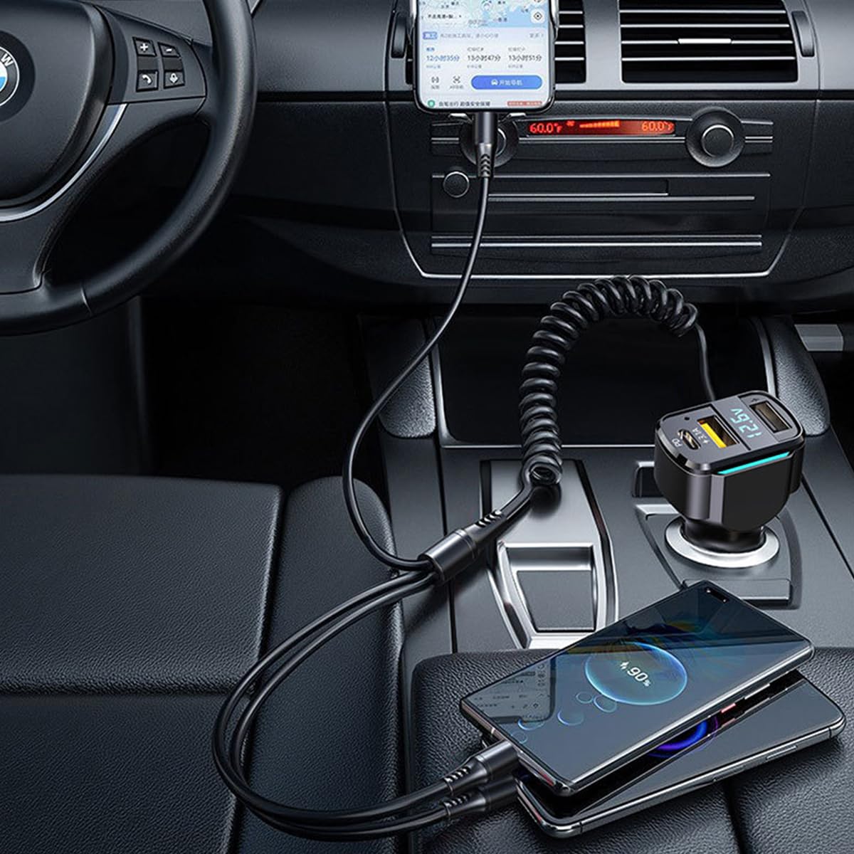 STHIRA Car Charger 6 in 1 Multi Port Fast Charger 65W with LCD Display and Coil Cord | USB C and USB A for 12V 24V Vehicles