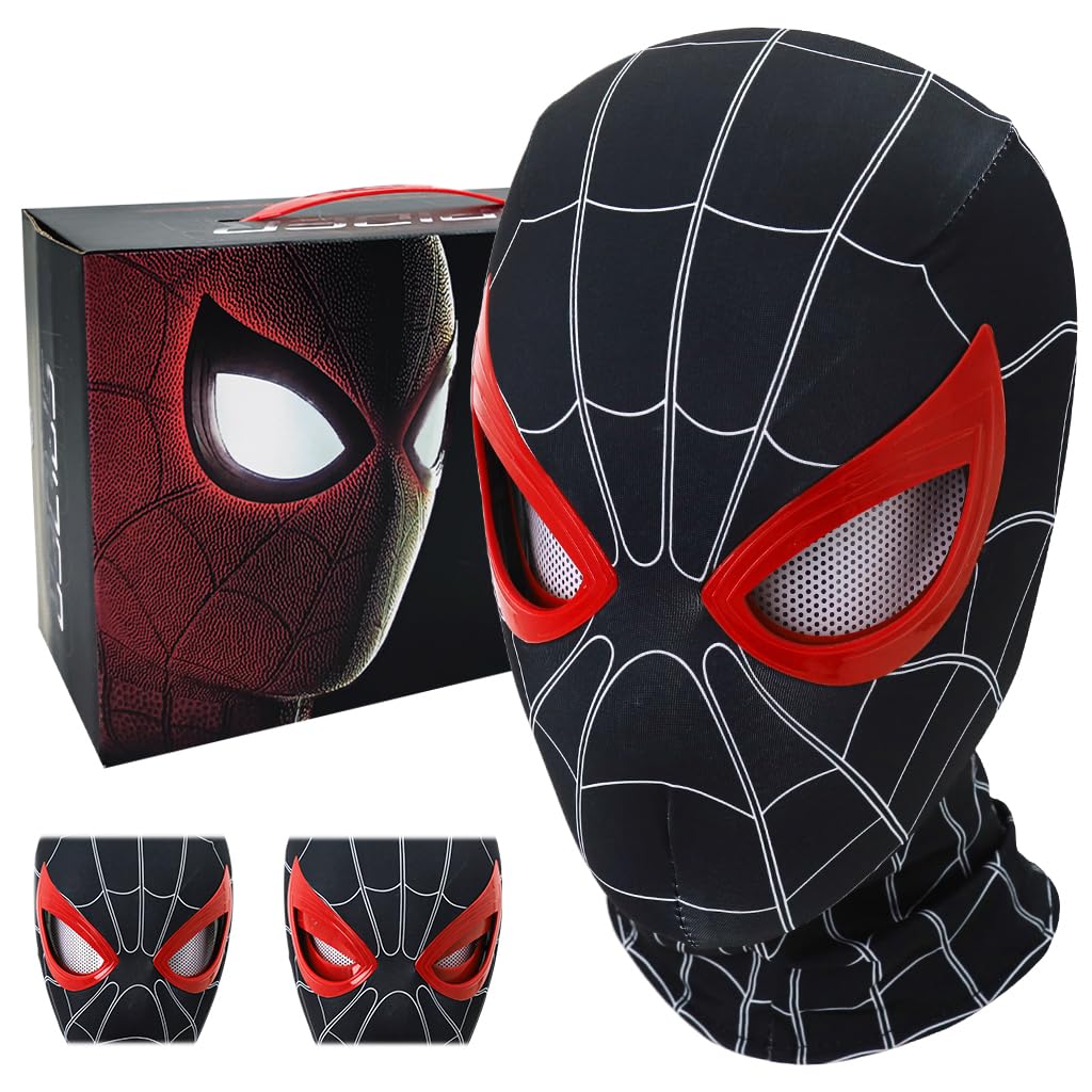 FANCYKU® Miles Morales Head Cover with Moving Eyelid 3D Realistic Super Hero Face Cover for Kids & Adult Jaw Motion Activated Blinking Eyelid Black Costume Head Cover for Cosplay Party