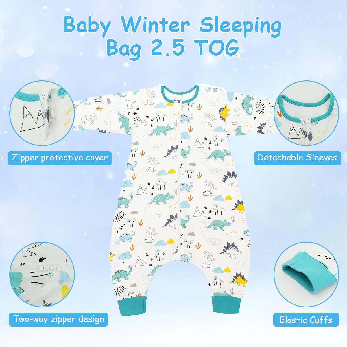 SNOWIE SOFT Baby Sleepsuits Sleeping Bag with Dual Head Zipper 0.5 TOG Cotton for 6–18 Months | Dinosaur Pajamas