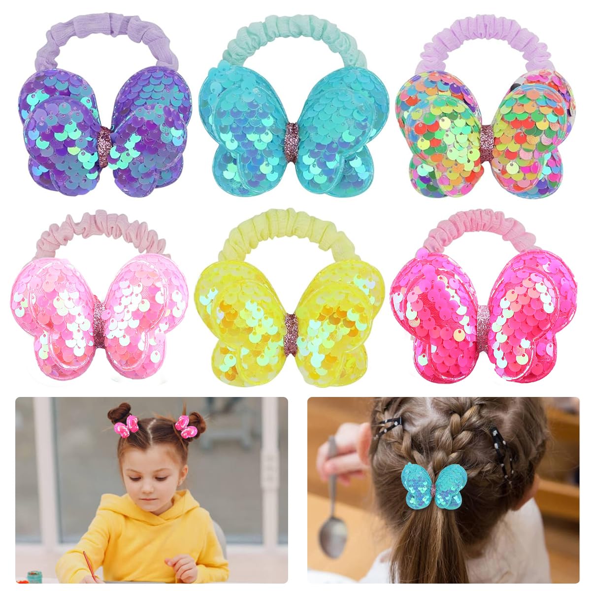 PALAY® 6 Pcs Sequins Butterfly Scrunchies for Girls Bows Scrunchies Butterfly Scrunchies Hair Accessories for Girls Stylish Glittering Butterfly Scrunchies for Girls