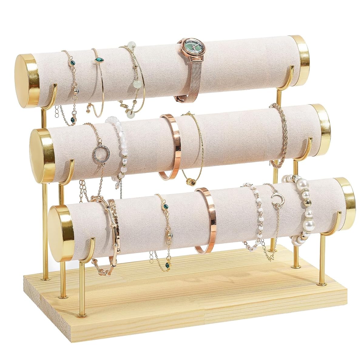 MAYCREATE Bangle Organizer Stand for Women featuring 3 Tier Metal Frame and Wooden Base | Holds 18 25 Bracelets