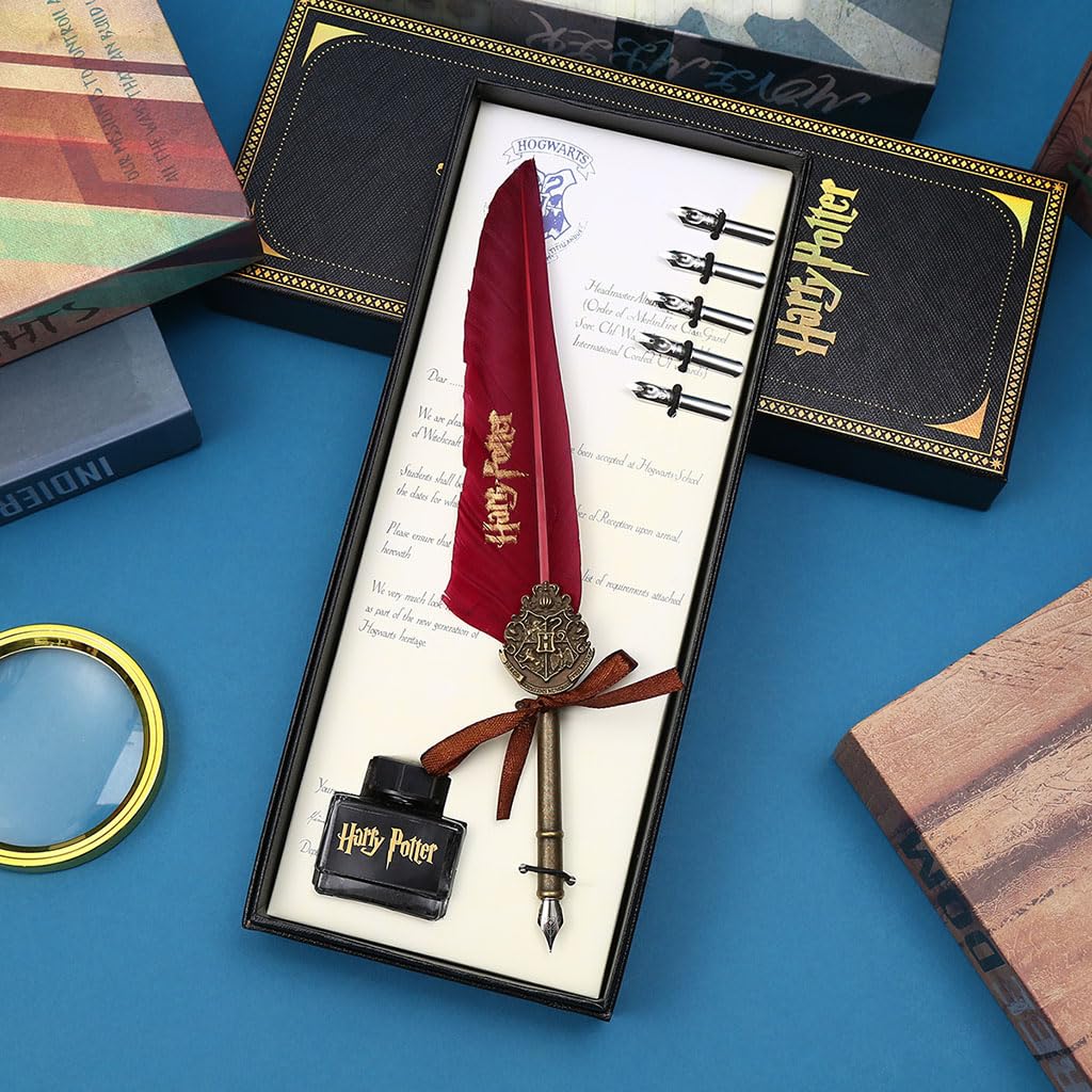 Zibuyu Feather Quill Pen Set for Calligraphy with 5 Nibs and Ink Bottle Base | Handmade Gift