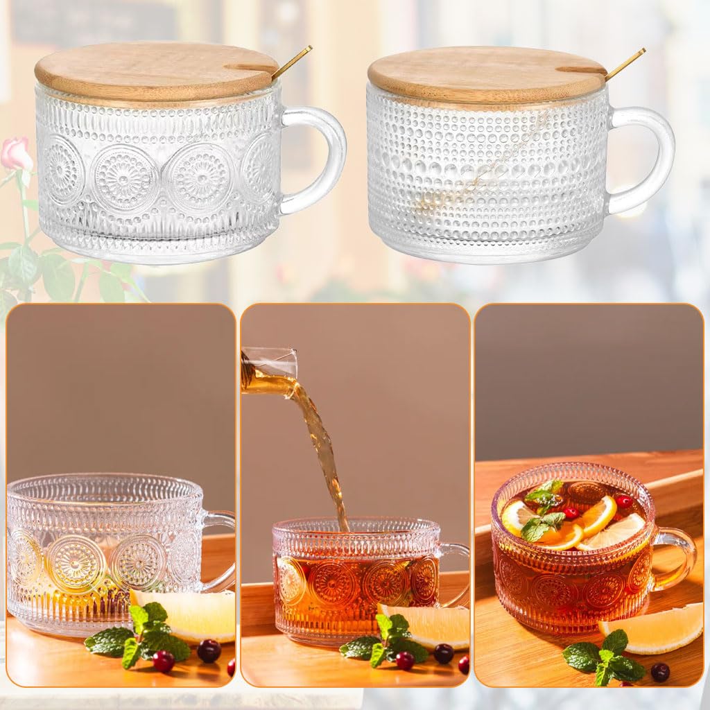 Supvox Glass Mugs Gift Set for Coffee and Tea with 450ml Cups & Wooden Lids | 4 Pieces