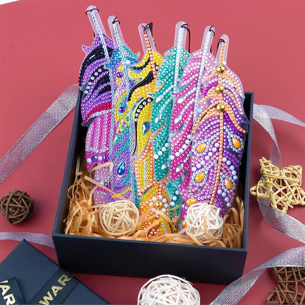 Climberty Diamond Painting Bookmarks Kit 6pcs for DIY Feather Art with Crystal Pendants | Fun Gift for Adults and Kids