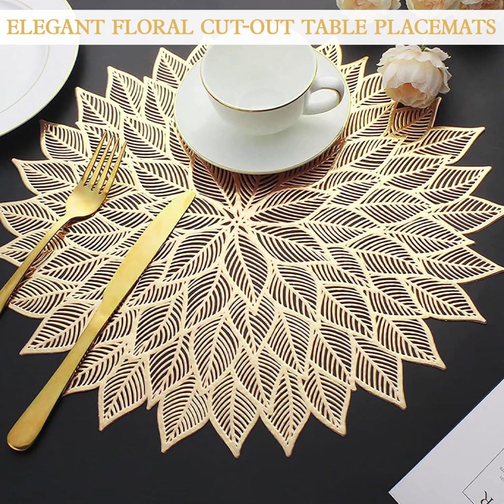 ZIBUYU Round Placemats Set for Dining Table with Floral Cut Out Design 15.75 in Gold | Washable PVC Table Mats