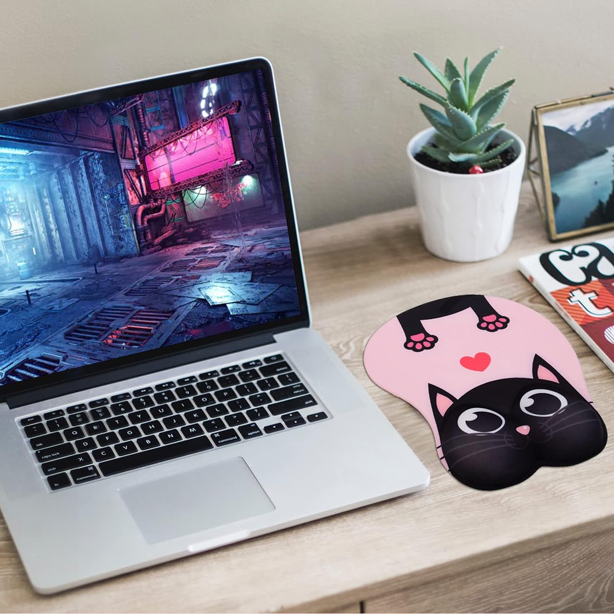 ZORBES Mouse Pad with Wrist Rest for Office and Gaming featuring Smooth Lycra Surface and Anti Slip Silicone Base | Kawaii Pink Cartoon Design