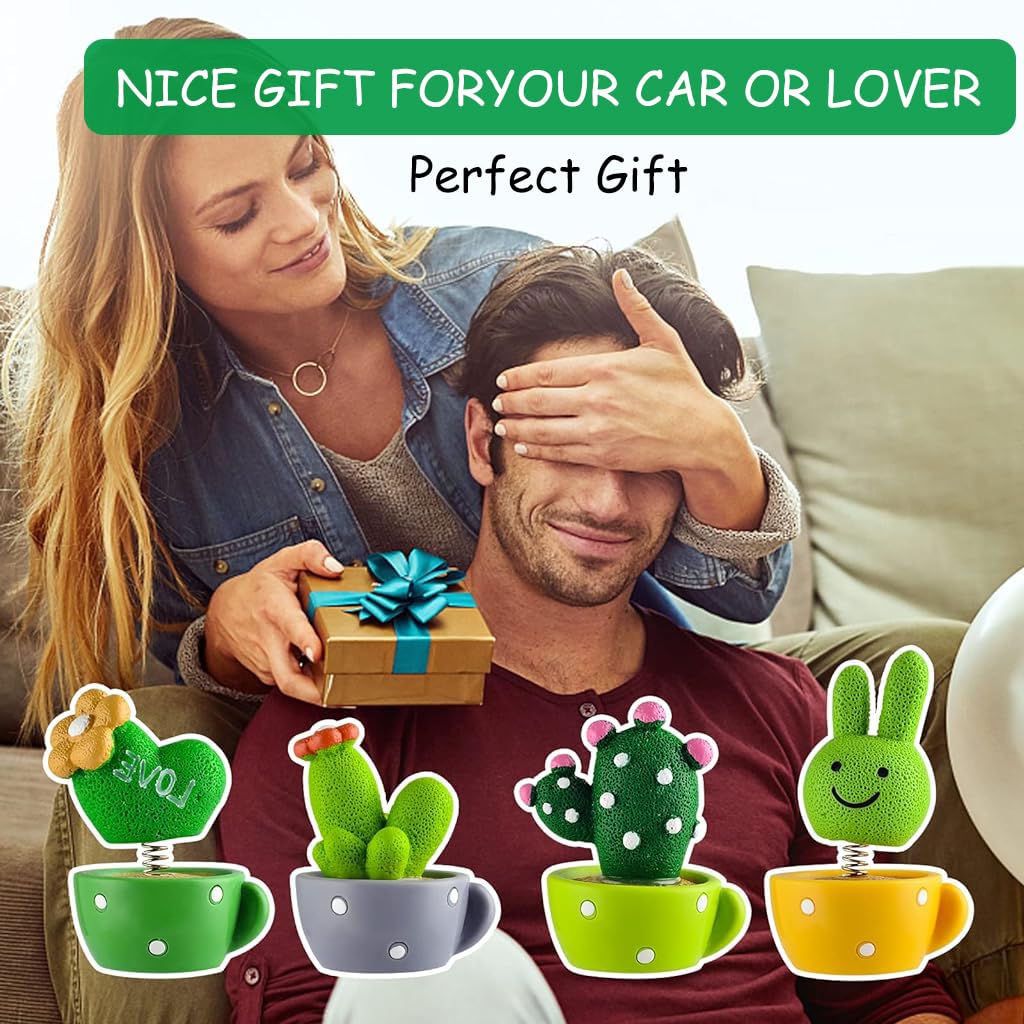 HASTHIP® 4Pcs Car Dashboard Toys Cute Cartoon Resin Car Dashboard Decoration Items Spring Swing Bunny, Heart, Cactus Plants Vibrant Car Accessories Interior Gadgets, Desk Decor, Ideal Gift