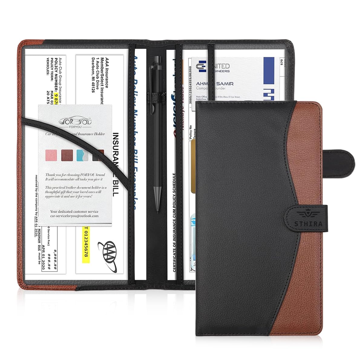 STHIRA® Car Document Holder Car Registration And Insurance File Holder Bifold PU Leather Bag with Multi Compartment Card Slots, Secure Closure & Easy Accessibility, Stylish Durable Design Document Bag