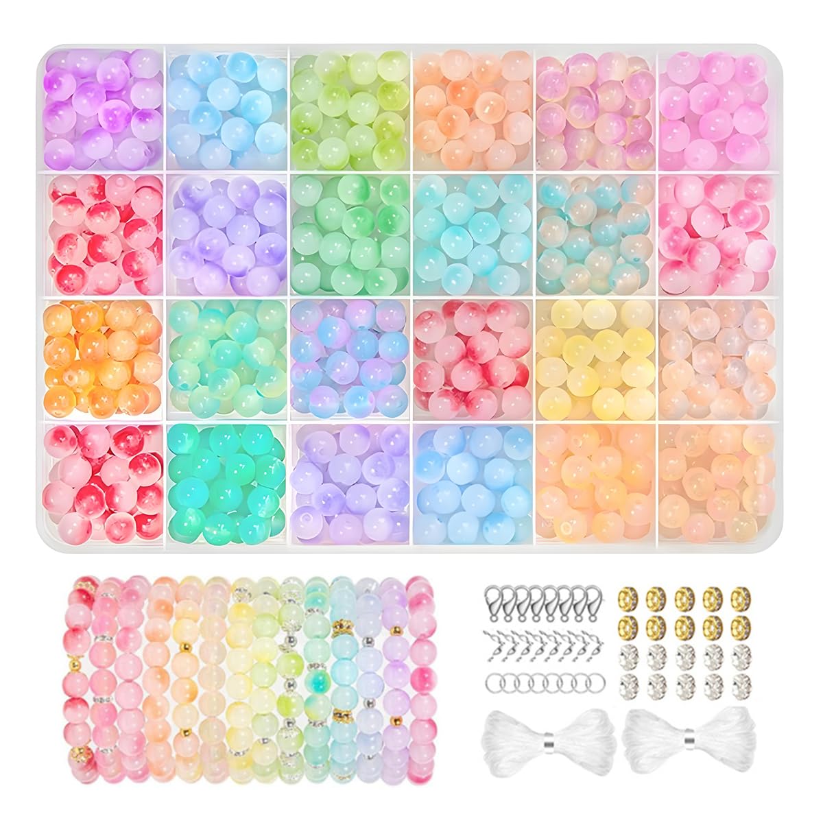SANNIDHI DIY Beading Bracelet Making Kit with 24 Colors 8mm Glass Beads and Spacer Beads | Jewelry Craft Set for Bracelets Necklaces and Phone Chains