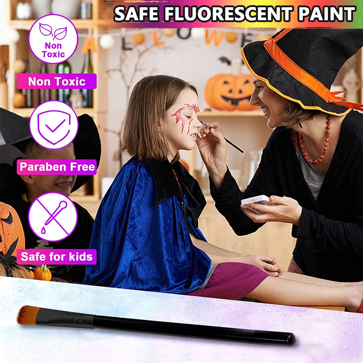 HASTHIP  Face Paint Glow In The Dark Face Body Paint, 8 Neon Colors Glow In Dark Makeup Water Based Paint with Painting Brush Non-Toxic Washable for Kids Adult, Halloween Costume Masquerades