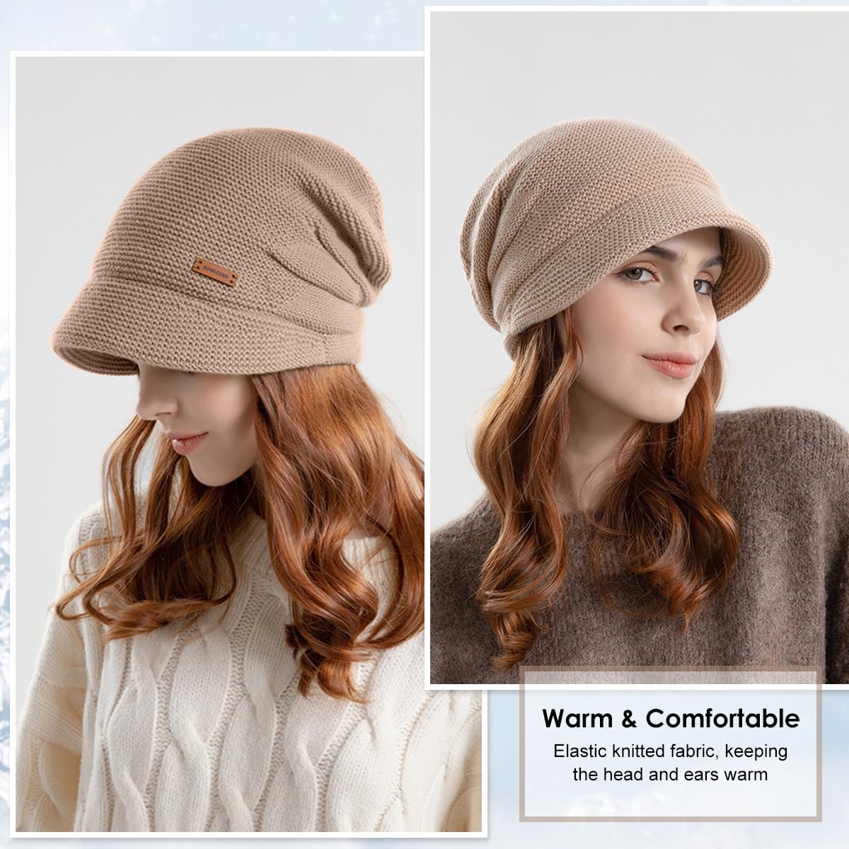 SANNIDHI Winter Cap for Women featuring Plush Lined Knit Fabric and Short Brim | Khaki Slouchy Beanie for Cold Weather