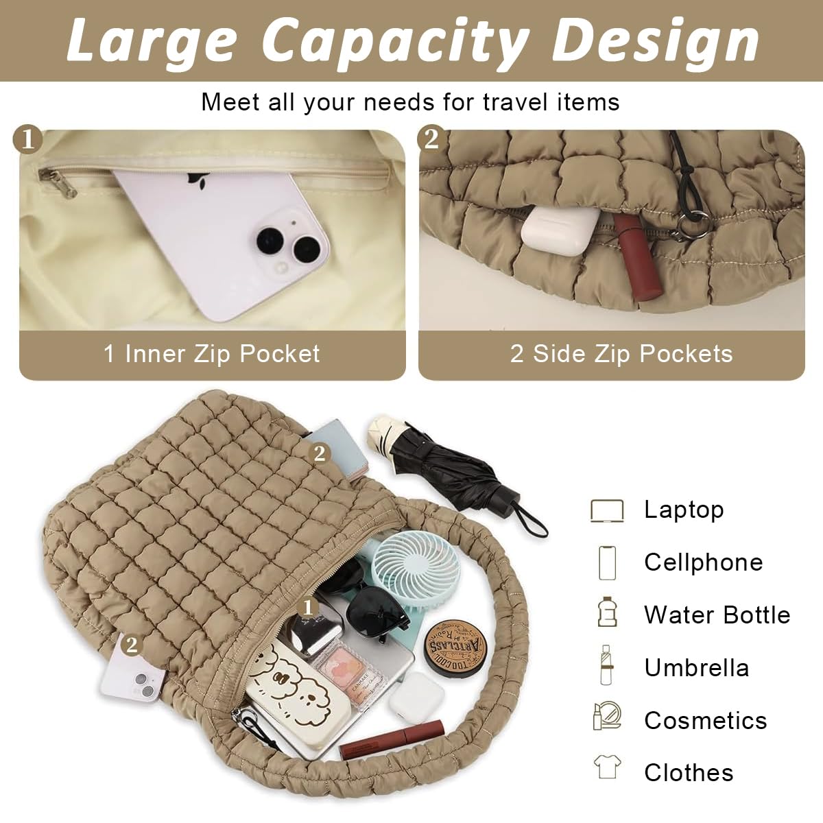 PALAY Soft Tote Bag for Work and Travel featuring Quilted Puffy Design in Brown | Versatile Shoulder and Crossbody Carryall