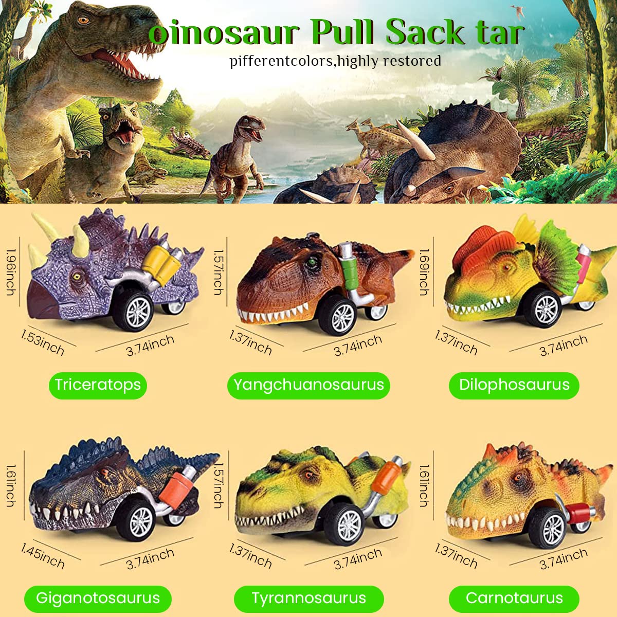 PATPAT® 6PCS Kids Dinosaur Toys Pull Back Cars, Color Dinosaur Car Toy Set, Dinosaur Car Toys for 2 3 4 5 Year Old Boys Girls, Boy Toys for 3-5 Years Old, Kids Christmas Birthday Gift