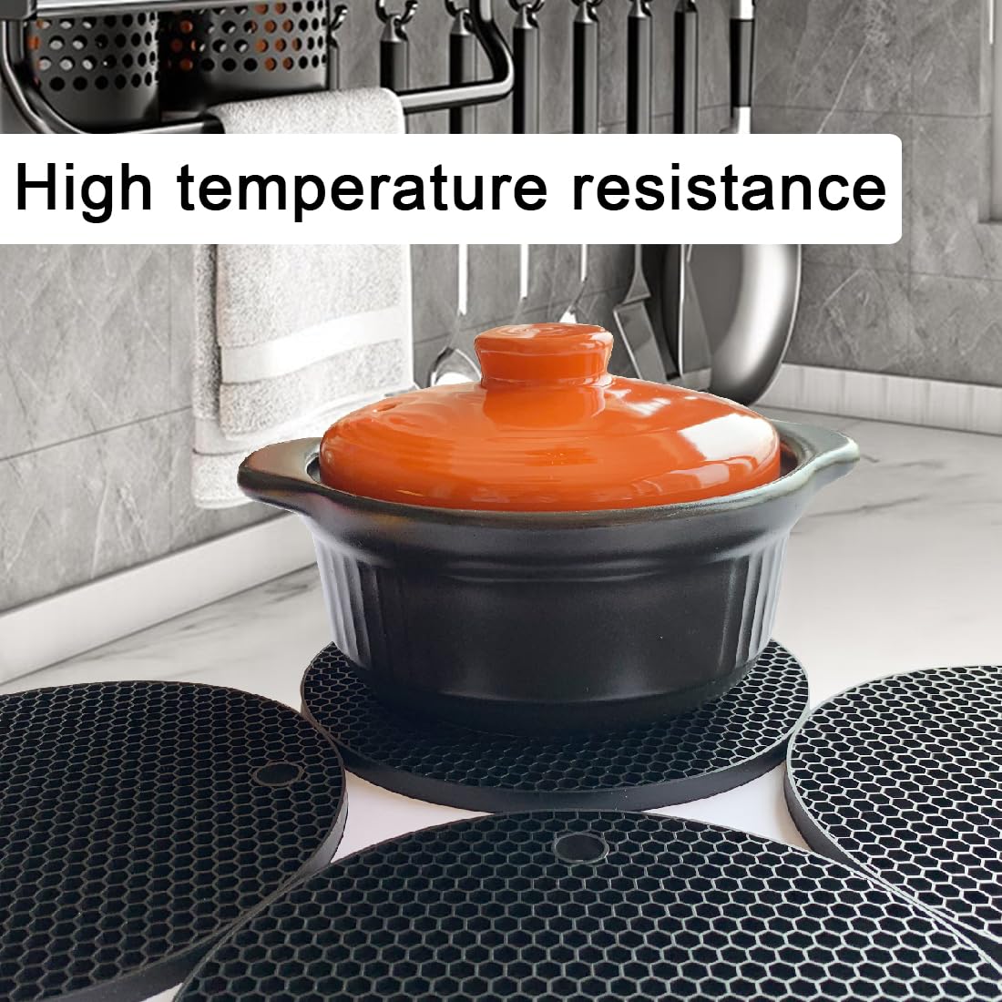 ZIBUYU Silicone Insulation Pads 6.8 in for Hot Dishes with Honeycomb Anti Slip Design | Black