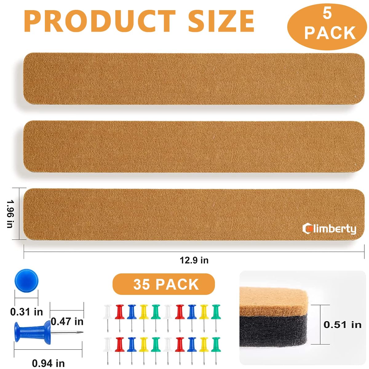 Climberty Felt Bulletin Board for Home with 35 Drawing Pins and Self Adhesive Design | 5 Pack Brown Strips 33×5cm