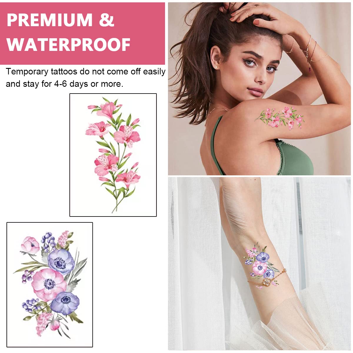 HASTHIP 12 Sheets Waterproof Color Flowers Temporary Assorted Roses Tatto Stickers for Body Tattoos Art