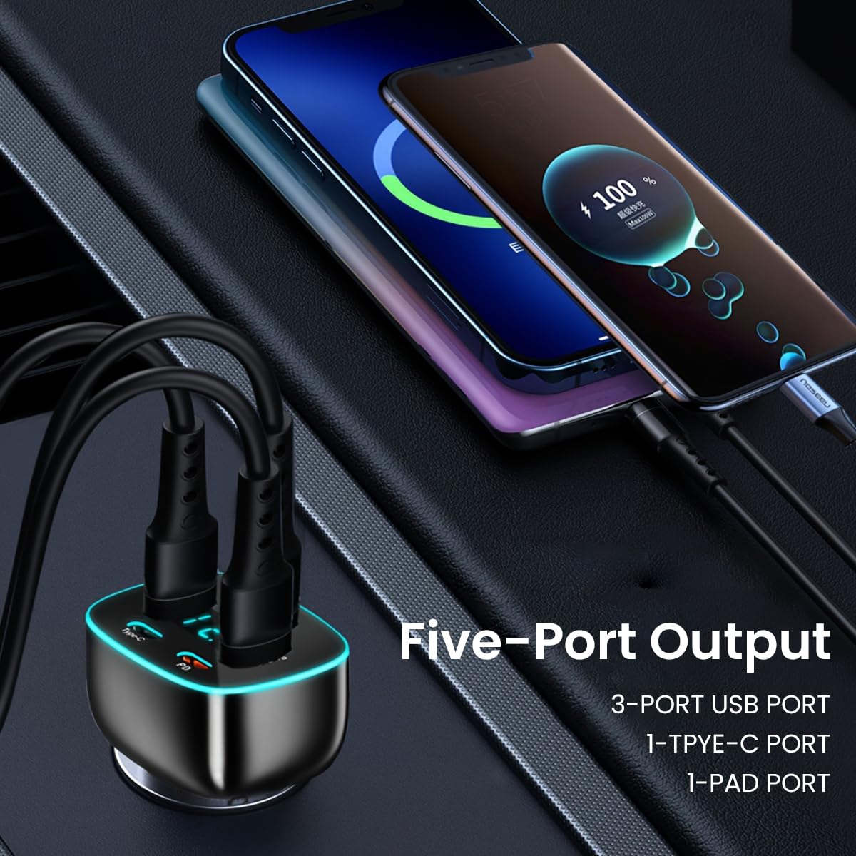 STHIRA USB 3.1 Car Charger for 12V and 24V Vehicles with 106W Output and LCD Display | 5 in 1 Type C PD and USB Ports