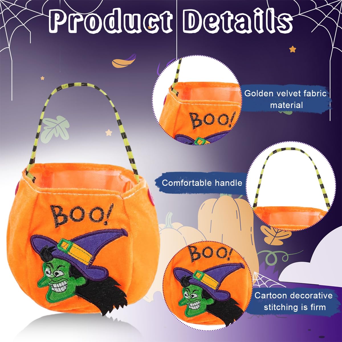 HASTHIP Halloween Candy Baskets for Kids with 20x13 cm Size and Velvet Fabric | Witch Cat Pumpkin Vampire Designs