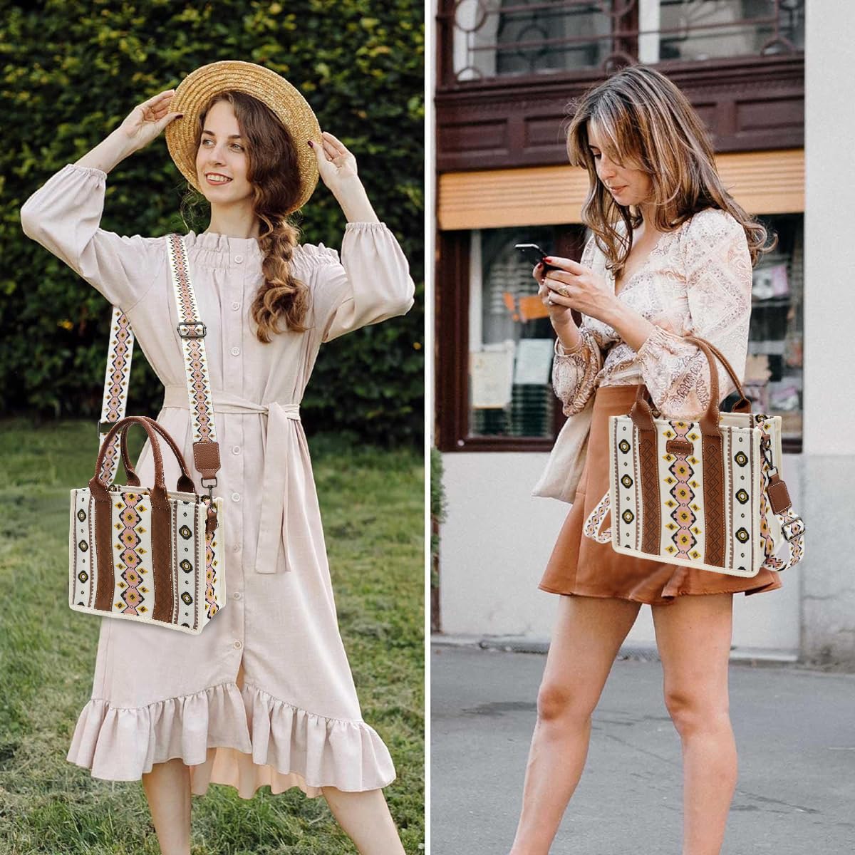 PALAY Tote Bag for Work and Travel with Detachable Shoulder Belt and 10.62x4.72x8.46 in Capacity | Boho Geometric Canvas Style