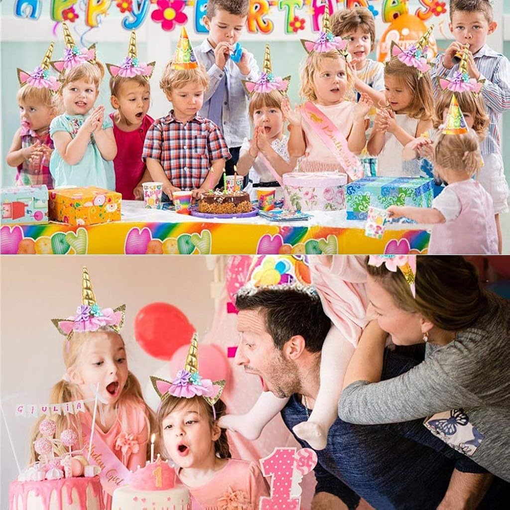 PATPAT® 2PCS Unicorn Party Birthday Girls Set Includes Headband and Pink Sash Gold Glitter Unicorn Horn for Kids
