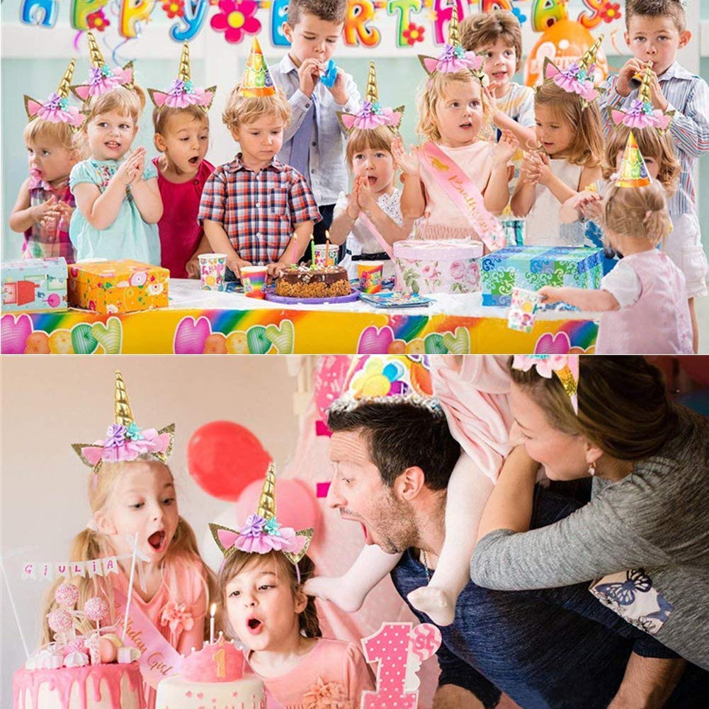 PATPAT Unicorn Party Birthday Girls Set with Gold Glitter Horn Headband and Pink Sash