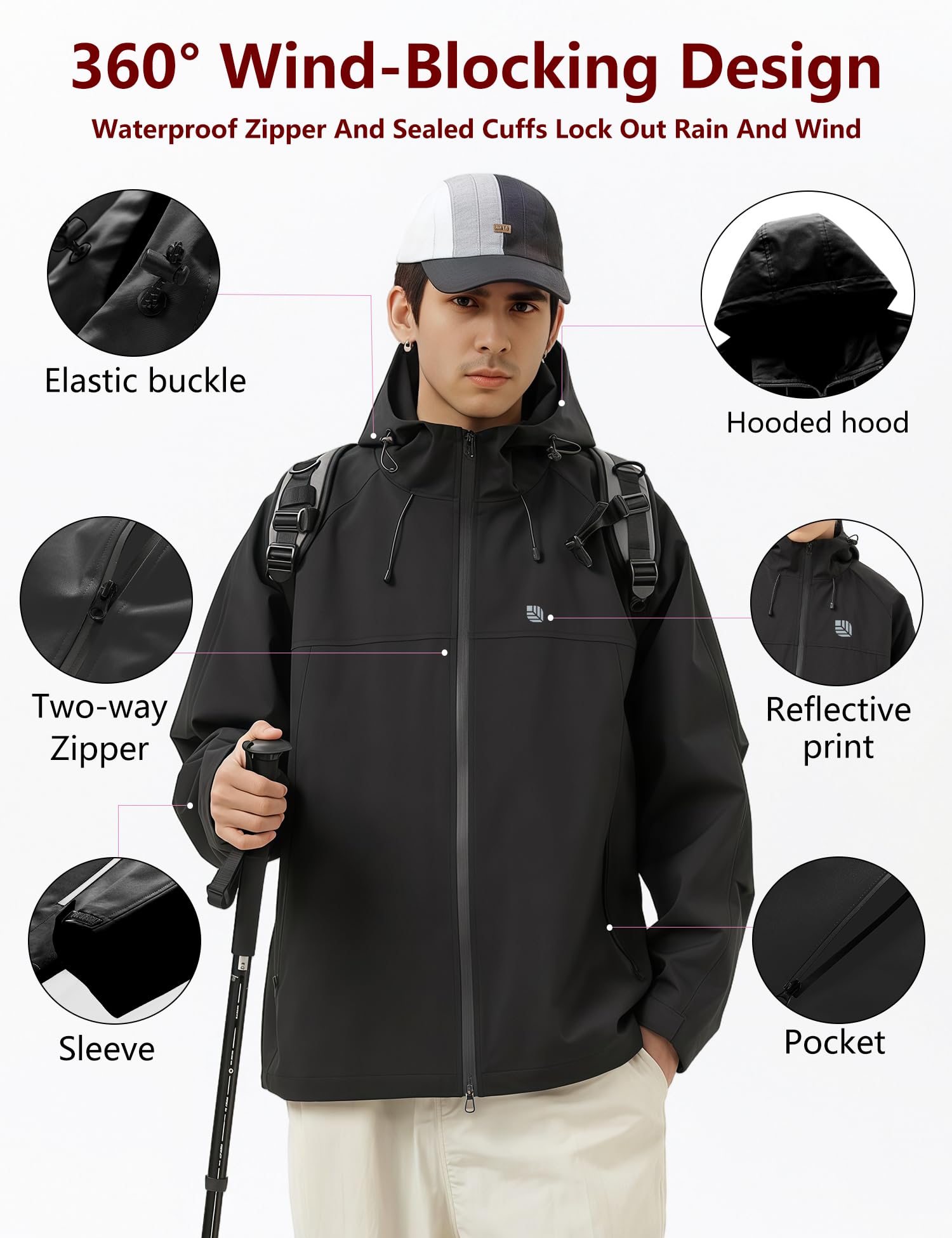 Venzina Men's Waterproof Windbreaker for Hiking and Cycling featuring 75D Fabric & Hood | Black Jacket
