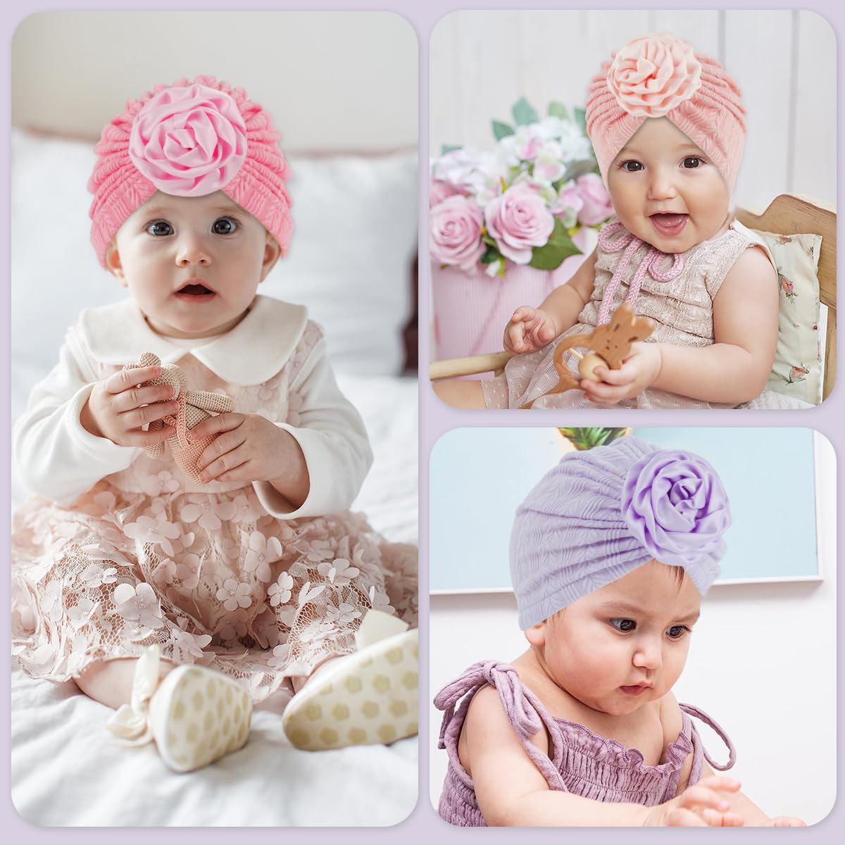 SNOWIE SOFT Baby Caps for Girls 0–24 Months with Flower Charm | 3Pcs Soft Knitted Beanie Set