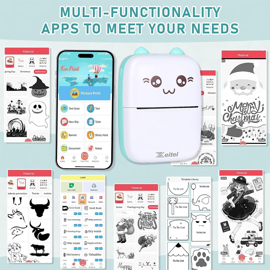 ZEITEL Mini Bluetooth Thermal Printer for Journaling and DIY Crafts with 200DPI Print | 13 Paper Rolls and Cartoon Design