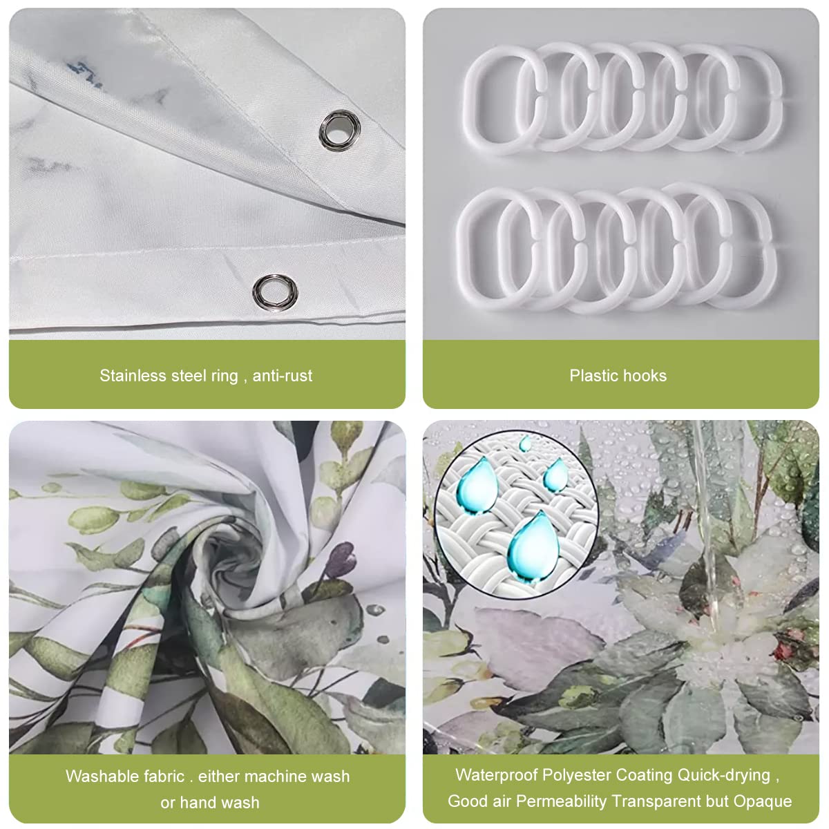 HASTHIP Plant Shower Curtain for Bathroom Decoration with Weighted Hem | 70.8x70.8 in Waterproof Polyester Fabric and Hooks