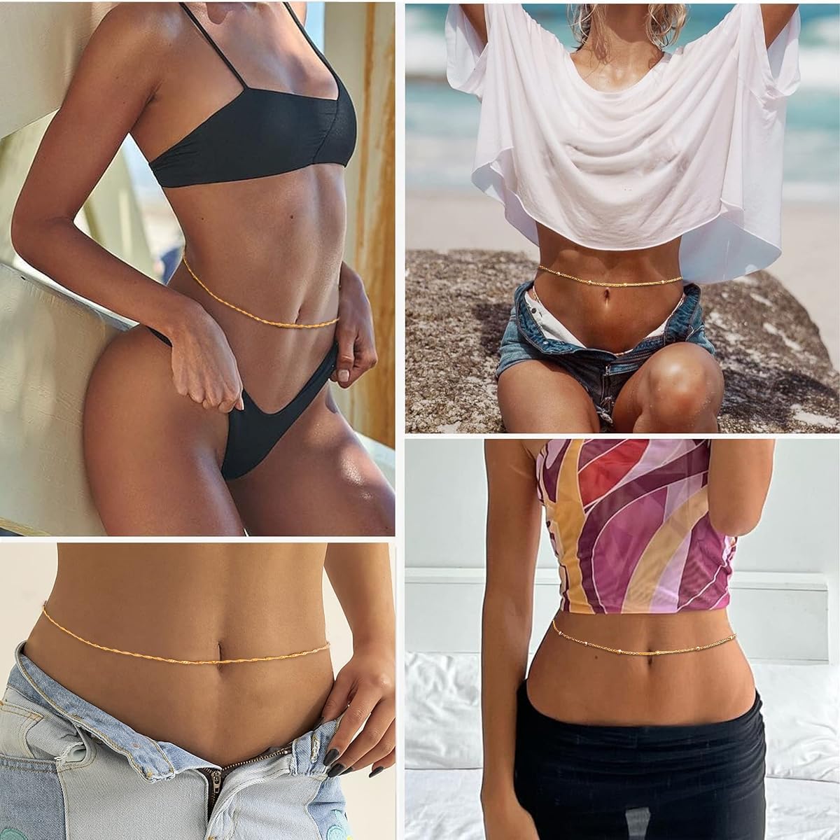 Venzina® 2Pcs Waist Chain for Women Sexy 2-Layer Gold Waist Chains for Women, Minimalism Chain Belt for Women Fashion Metal Belly Waist Belts for Woman Bikini Crop Tops Accessories