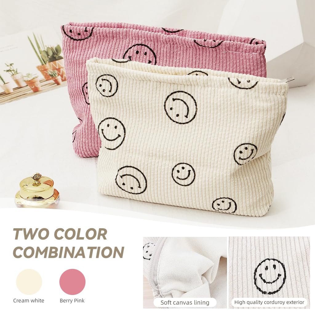 ZIBUYU Makeup Pouch Bag for Travel and Daily Use with Zipper Closure 25x20x6 cm | Corduroy Smiley Print for Women
