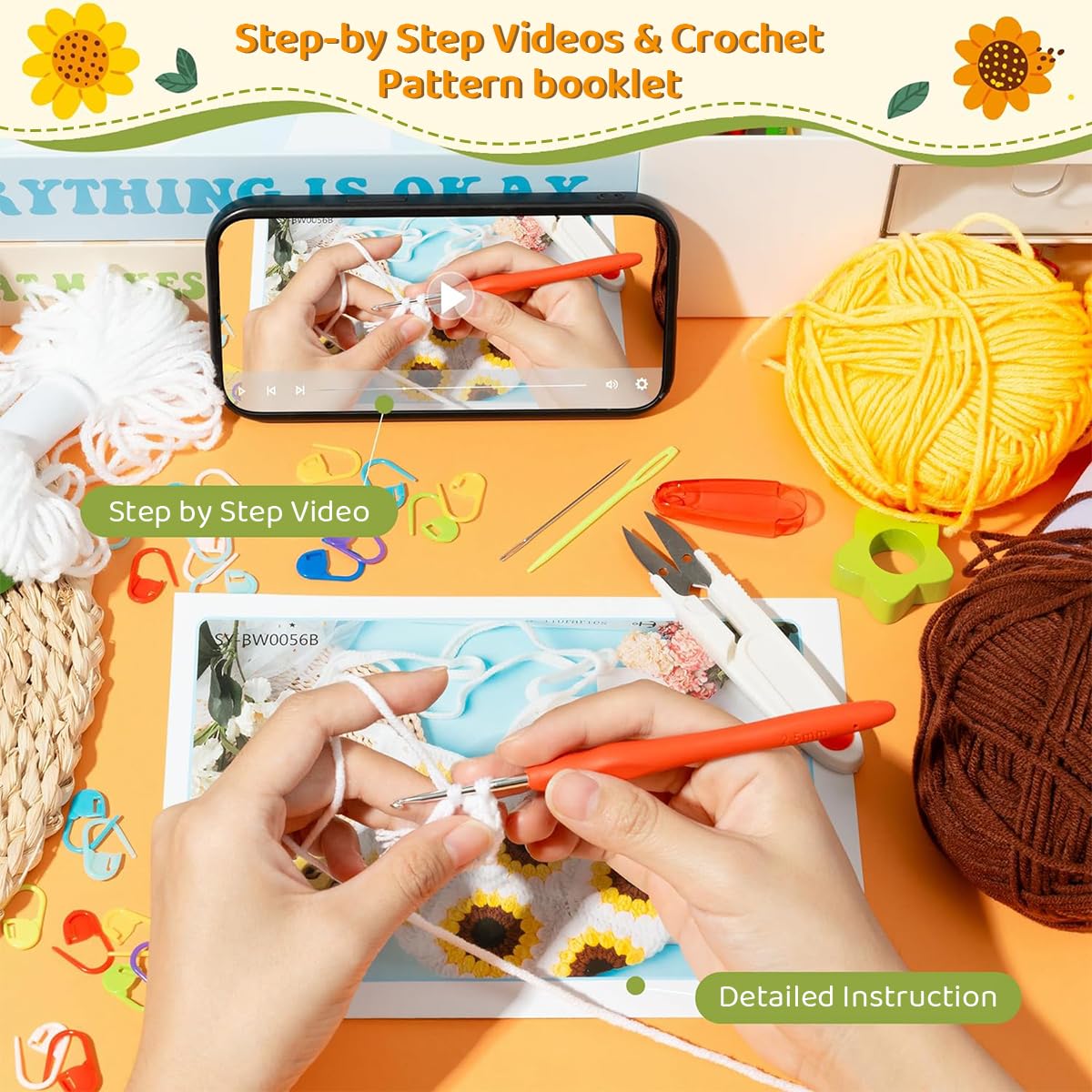 PATPAT Crochet Phone Bag Material Kit for Beginners with Yarn and Tools | Beige Sunflower DIY Gift