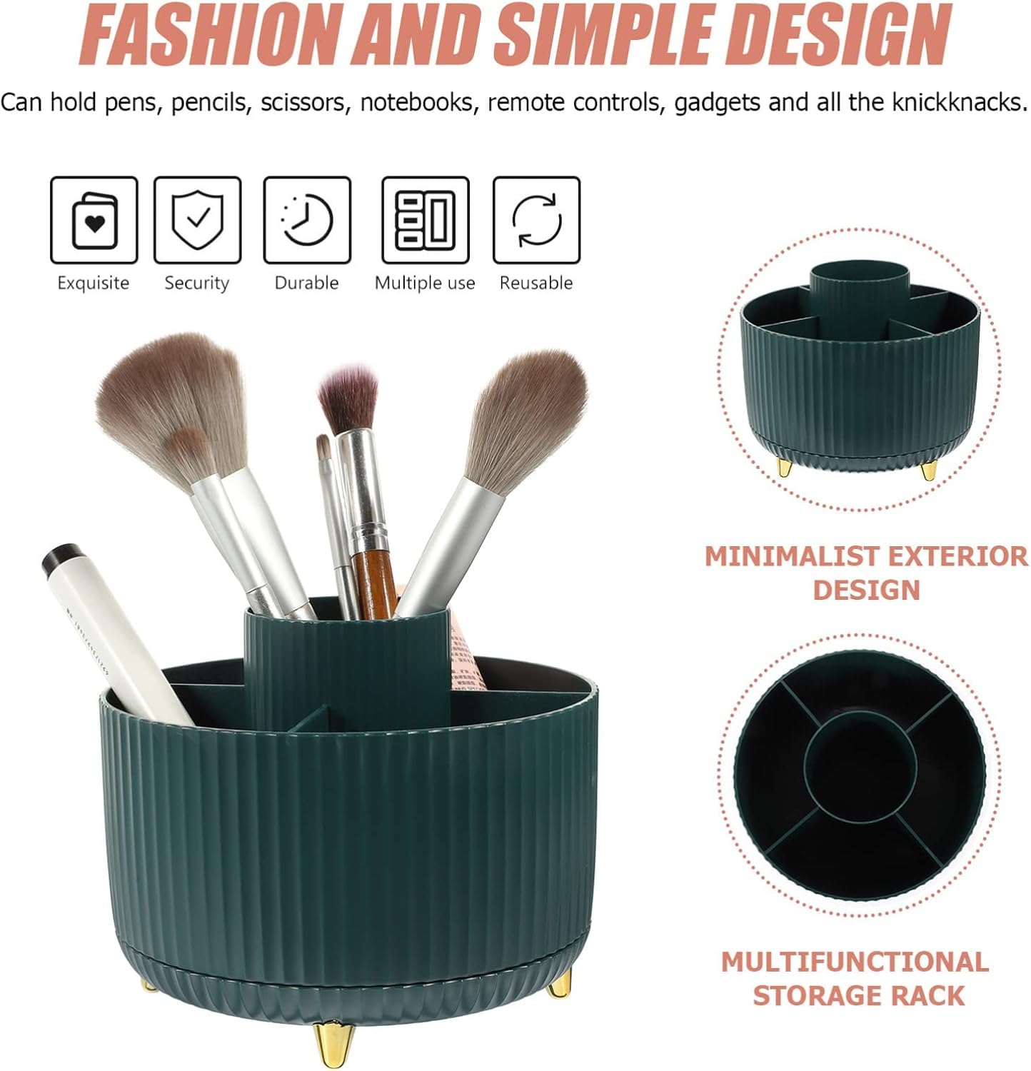 Zibuyu Makeup Brush Organizer for Desk and Vanity featuring 360 Degree Rotating 5 Compartments 15x15x12cm Green