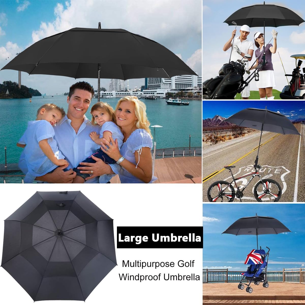HASTHIP Big Umbrella for Men with 52 in Canopy and 8 Vent Windproof Design | Black Golf Use