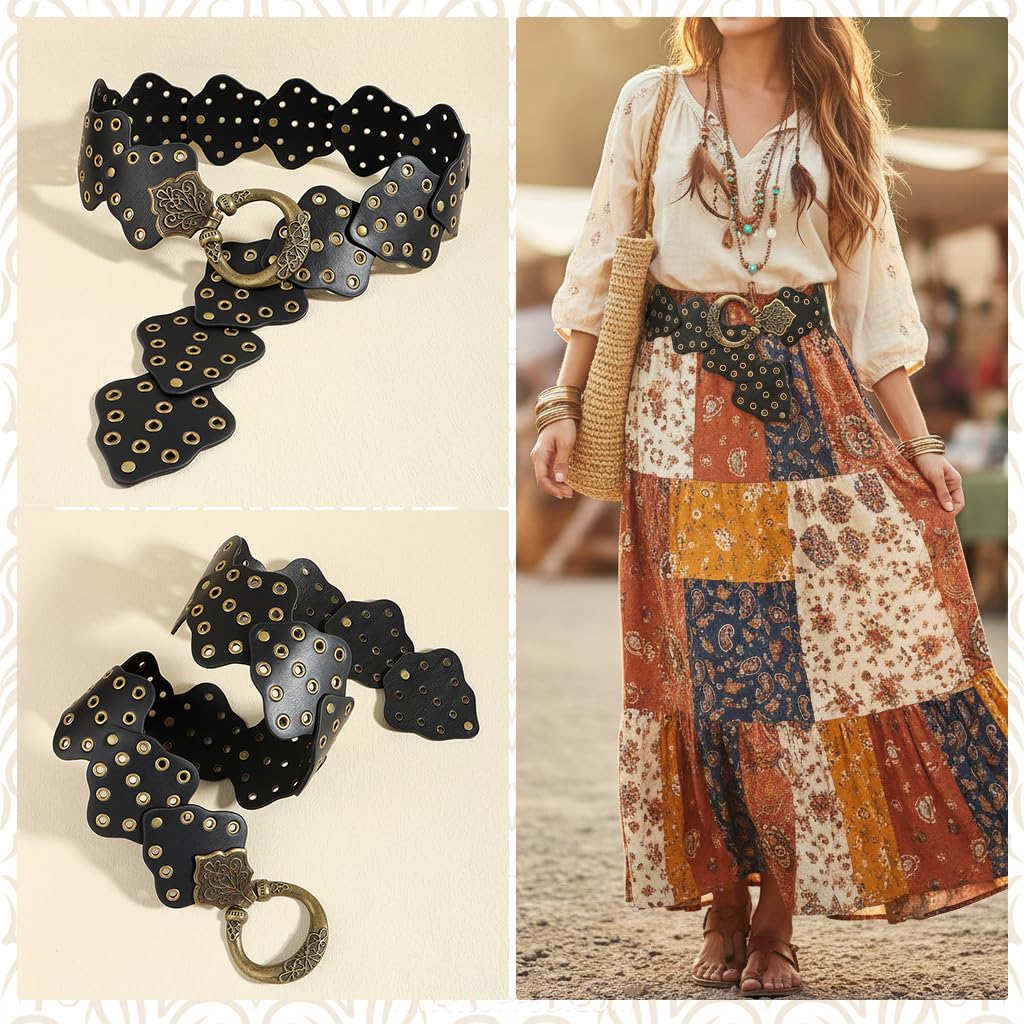 SANNIDHI Belt for Women featuring Antique Embossed Buckle and Studded PU Leather | Vintage Punk Style for Jeans Dresses Skirts