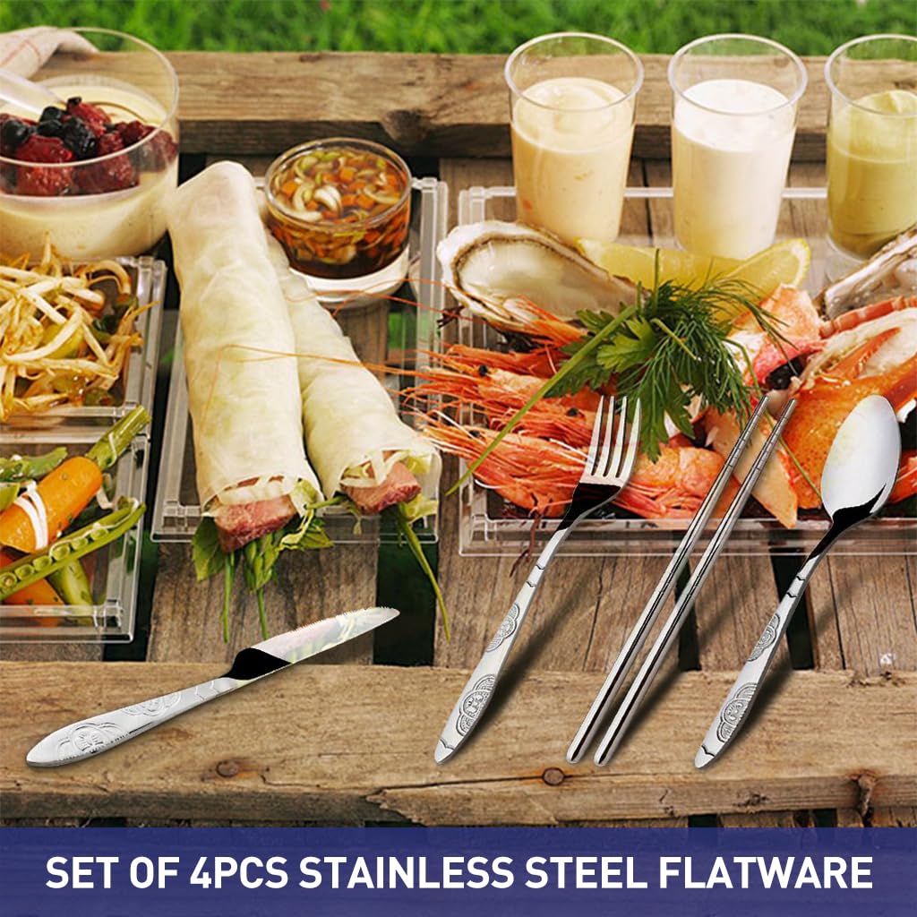 ZIBUYU Cutlery Set for Travel and Picnic featuring 4pcs Stainless Steel Utensils | Embossed Handle Design