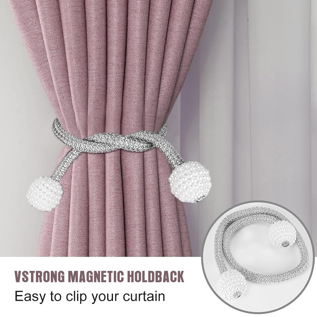 ZIBUYU Curtain Tiebacks 6Pcs for Home and Office Décor with 45cm Rope and Magnetic Pearl Heads