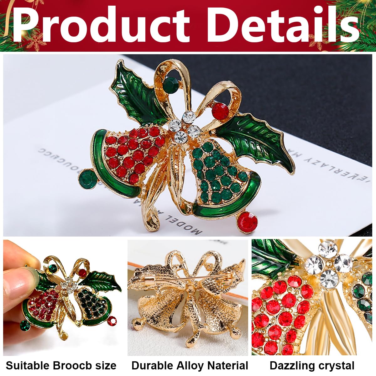 HASTHIP Christmas Brooch for Festive Outfits with Rhinestone Bell Design and Alloy Build | Gift for Women and Men