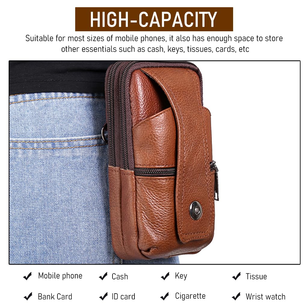 ZIBUYU Mobile Pouch for Men with Magnetic Cover and Belt Clip in Brown Leather | Hands Free Crossbody Holster for iPhone 12 13 14 Pro Max