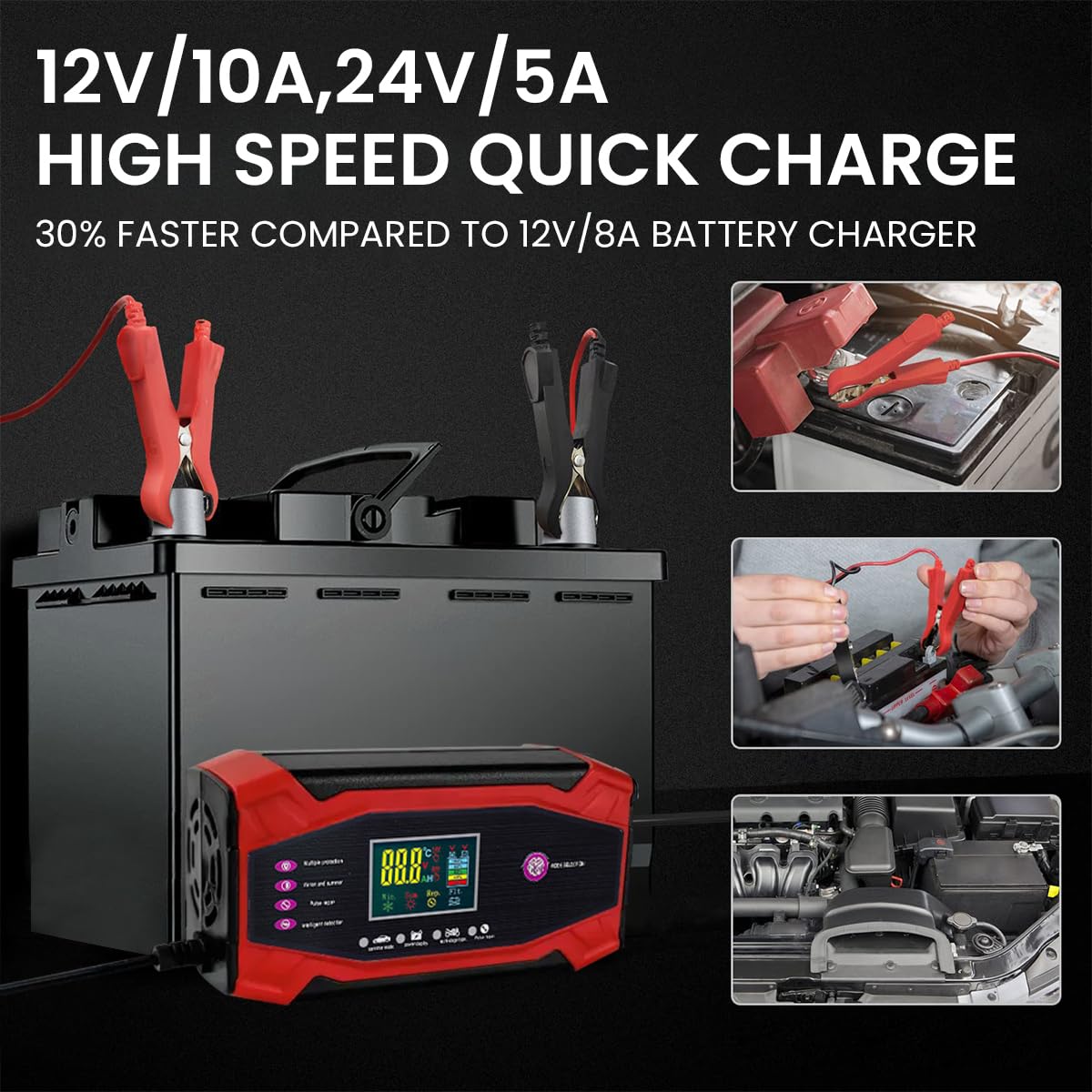 ZORBES Car Battery Charger for 12V and 24V Lead Acid Batteries with LCD Display | 10A Smart Automatic Charging and Battery Repair Mode