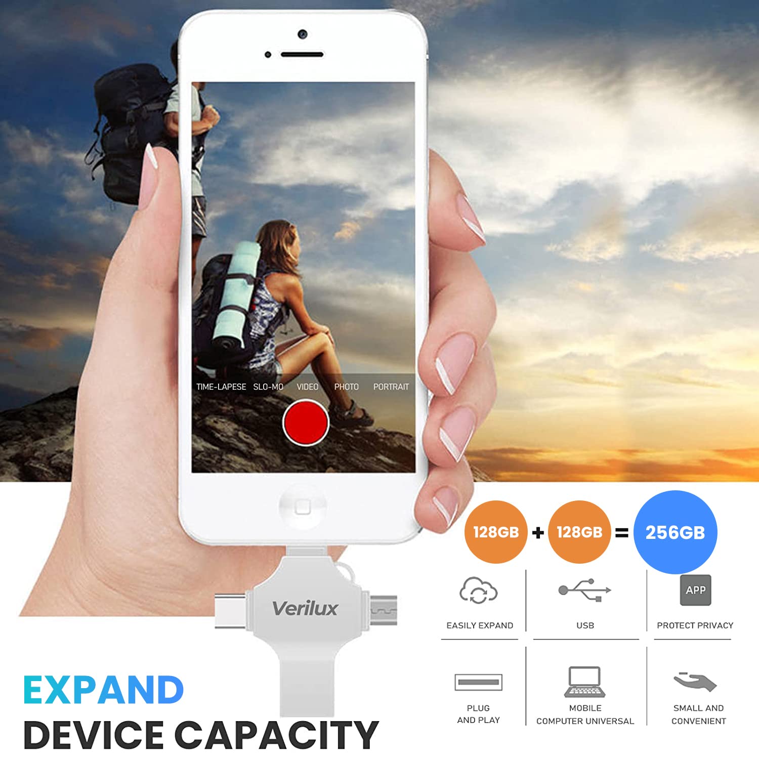 Verilux Flash Drive 128GB for iPhone and Android with 4 in 1 Type-C USB Design | Metal Keychain