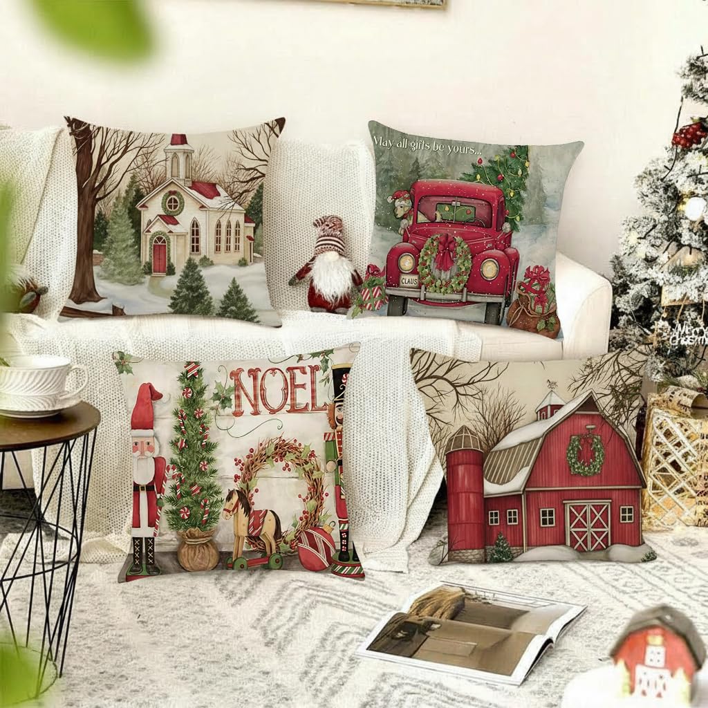 HASTHIP Christmas Pillow Covers for Couch and Bedroom with Hidden Zipper 17.7x17.7 in | Cotton Linen Set of 4