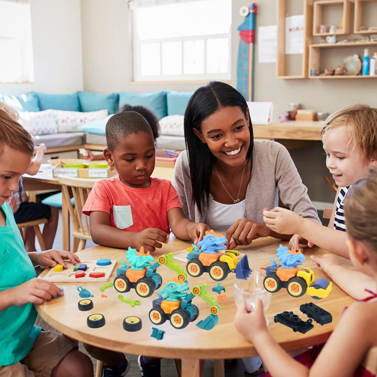 PATPAT Car Toys for Kids 4 Pcs Dinosaur Engineering Vehicles with Screwdriver and Wrench | STEM Building Gift for Ages 3–8